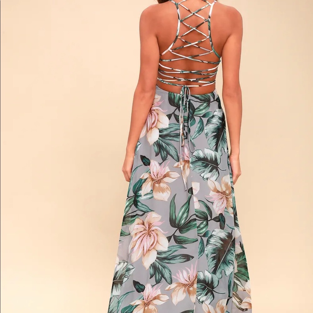 Lulu’s - Love Abloom - Grey Floral Print Lace up Maxi Dress